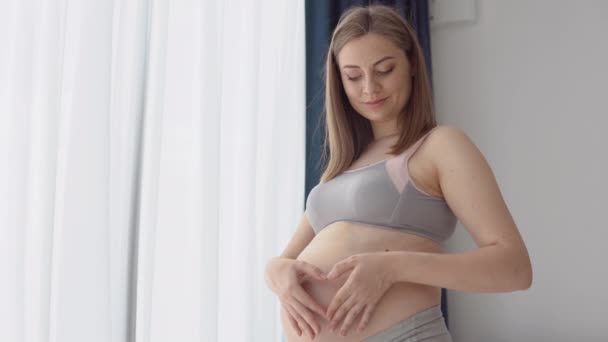 Uma mulher grávida segura as mãos na barriga. Pele hidratada saudável sem estrias durante a gravidez. Cuidados com a pele para mulheres grávidas. Prevenção de estrias no abdômen — Vídeo de Stock