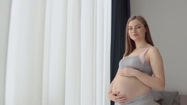Beautiful pregnant woman stands near the window — Stock Video