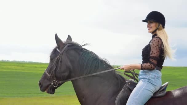 Glamoureuze jonge vrouw in een helm, trendy blouse met doorschijnende weelderige mouwen en lichte jeans zit op een zwart paard in het veld. Een niet-professionele ruiter heeft de touwtjes in handen. Zijaanzicht — Stockvideo