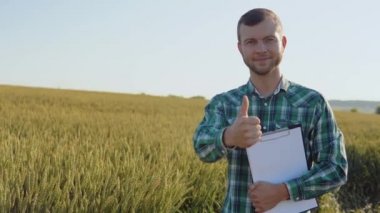 Sakallı genç bir çiftçi açık mavi gökyüzünün altındaki buğday tarlasında duruyor ve bir elinde belgelerle diğer elinde baş parmağını kaldırıyor. Yazın sonunda hasat et.