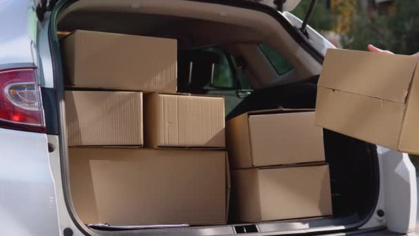 Üretilmiş malların taşınması ve teslimatı. Yükleyici el işi kutularını arabanın bagajına koyar. — Stok video