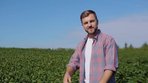 Een jonge boer staat midden in een sojaveld — Stockvideo