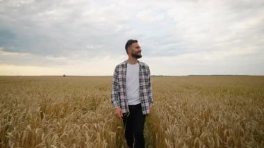 Olgun altın buğday tarlasında yürüyen kendinden emin genç tarım uzmanı bulutlu bir gökyüzünün altındaki kameraya gülümsüyor. Tarım sektörü konsepti başarılı bir hasat sezonu gösteriyor