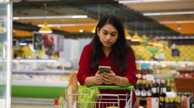 Genç Hintli kadın alışveriş listesini akıllı telefondan kontrol ederken market koridorunda alışveriş arabasıyla dikiliyordu.