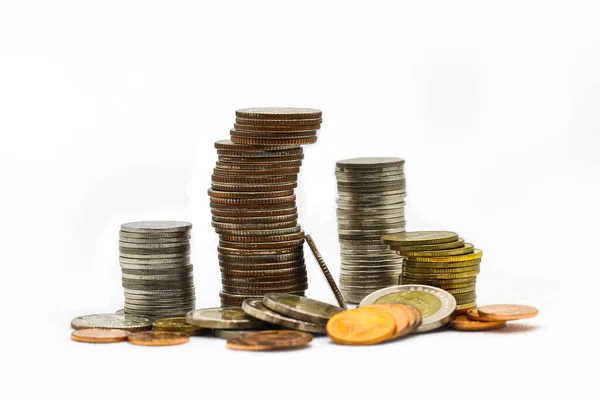 Hromádky Hromada Kovových Zlatých Mincí Umístit Bílém Pozadí Finanční Šablona — Stock fotografie
