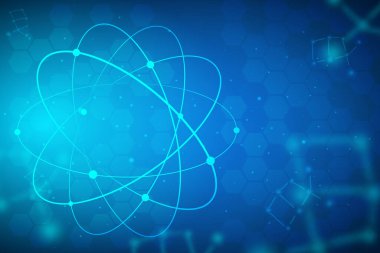 Atom ve elektronu olan teknoloji ve moleküler yapı. Yaratmak ve tasarlamak için bilimsel konsepte sahip mavi soyut arkaplan veya afiş.