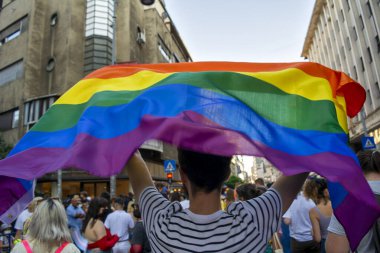 Romanya 'nın Bükreş kentinde düzenlenen onur geçidinde lgbt bayrağını sallayan tanınmayan kişi