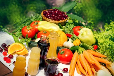 Healthy organic food and fresh fruit juices clipart