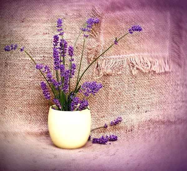 Lavanda en jarrón amarillo en la mesa — Foto de Stock