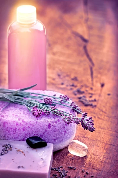 Spa concept -Spa treatment with lavender soap and lavender oil — Stock Photo, Image