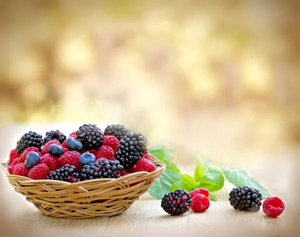 Fruta de baya ecológica en canasta de mimbre — Foto de Stock