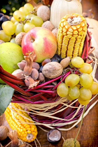 Seasonal fruits in wicker basket Stock Photo