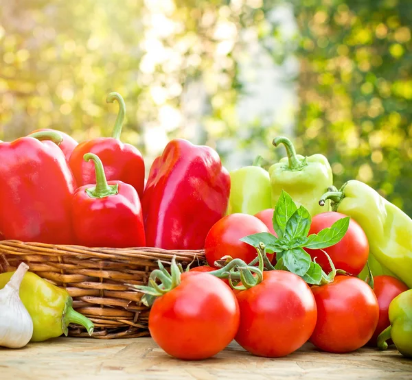 Fresh organic vegetables in wicker basket — Stock Photo, Image