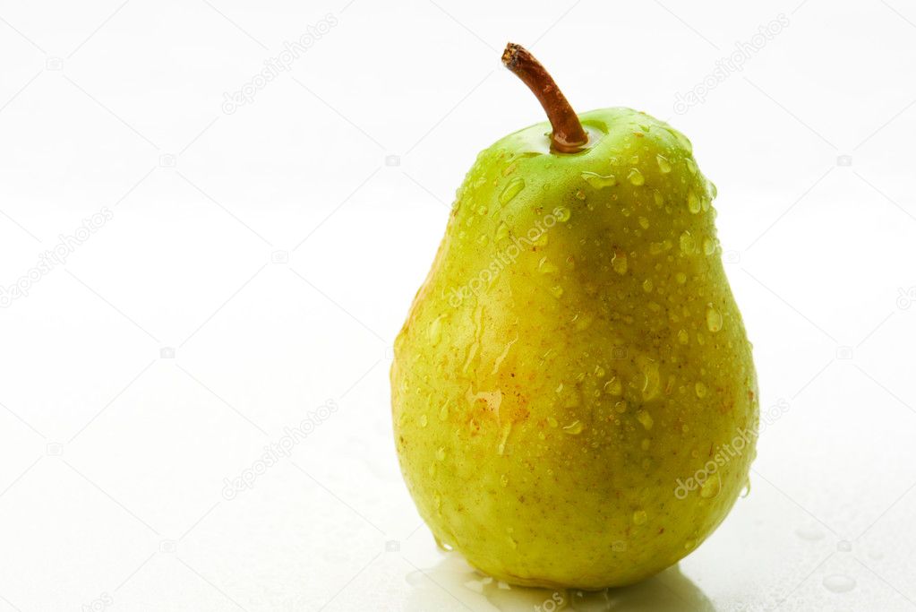 Pear with droplet on white