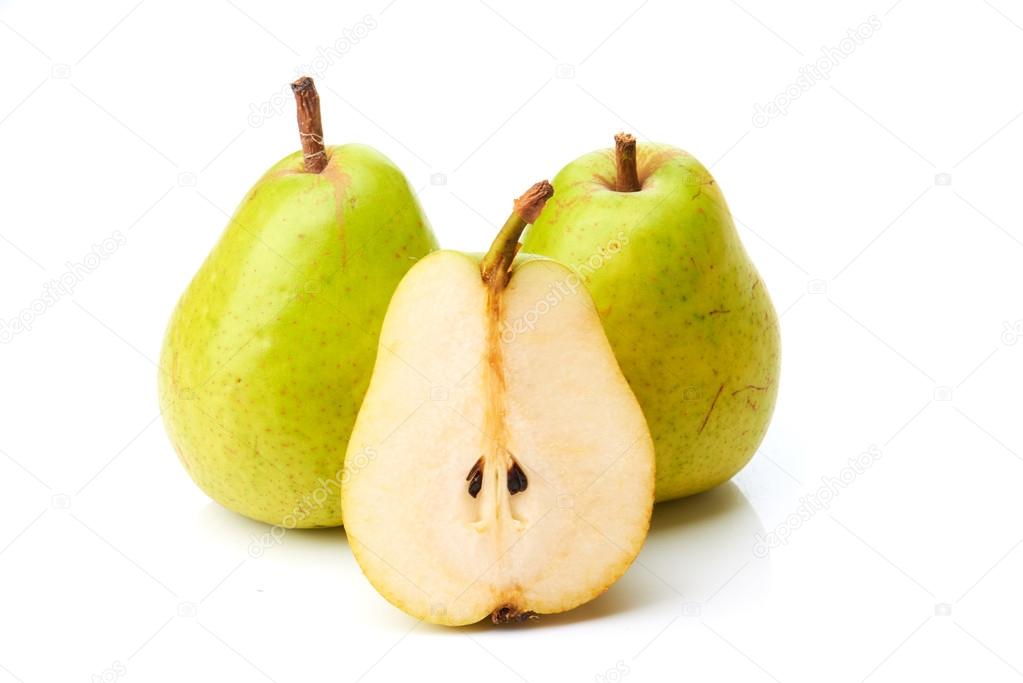 Two pears and half on white