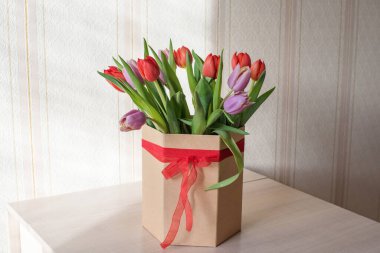 Güneşli bir günde, bir vazoda kırmızı ve mor laleler. Sevilen birinin hediyesi olan kurdeleli bir vazo.