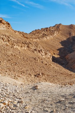 Güneşli bir günde, mavi gökyüzü olan çöl manzarası.