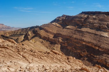Güneşli bir günde, mavi gökyüzü olan çöl manzarası.