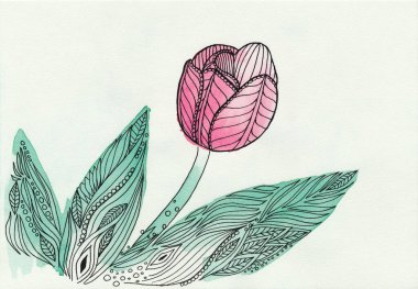 Özel kağıt üzerine siyah kalem ve suluboya lale ile desenli çizim