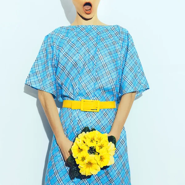 Funny Summer Lady style. Vintage checkered dress. — Stock Photo, Image
