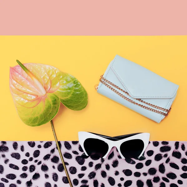 Fashion Accessories Season. Stylish sunglasses and purse. Vanill — Stock Photo, Image