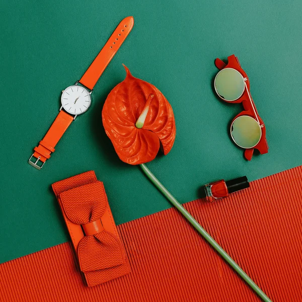 Mode accessoires set. Focus op rood. Zijn passie dame. — Stockfoto