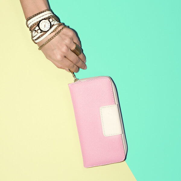 Pastel colors trend. Fashion summer accessories. Watches and Lad