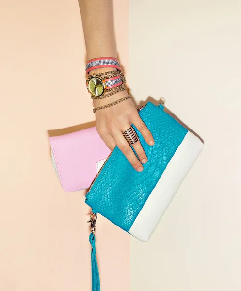 Stylish accessories. Jewelry and Clutches. Fashion choice. — Stock Photo, Image