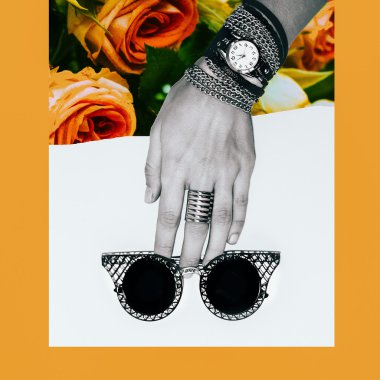 Fashion collage art. Stylish jewelry and glasses. Serious romanc clipart
