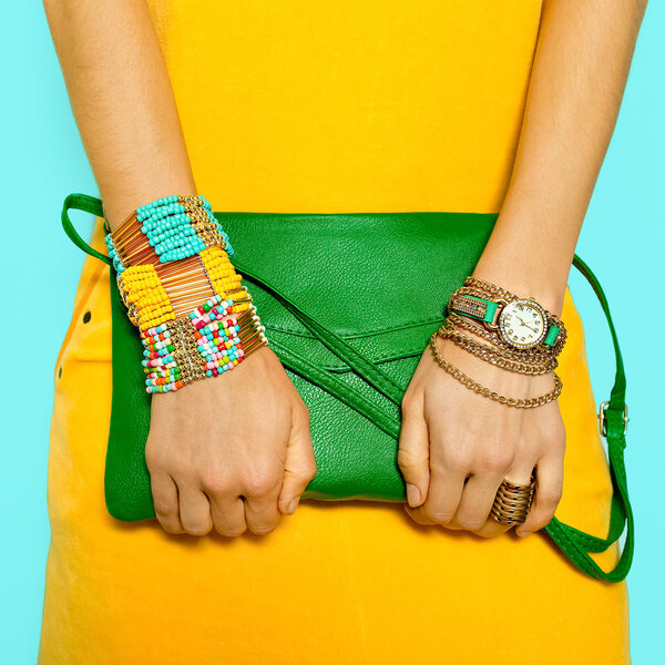 Stylish accessories. Bag and Jewelry. Bright summer colors.