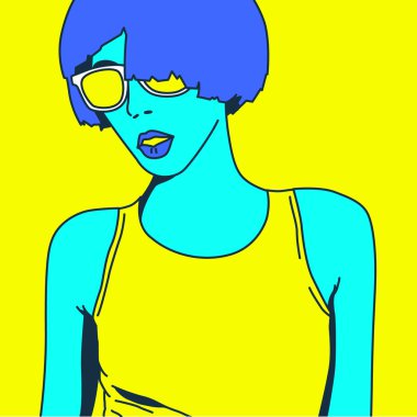 Bayan Bob bob. Asidik renk. Pop art disko stili.