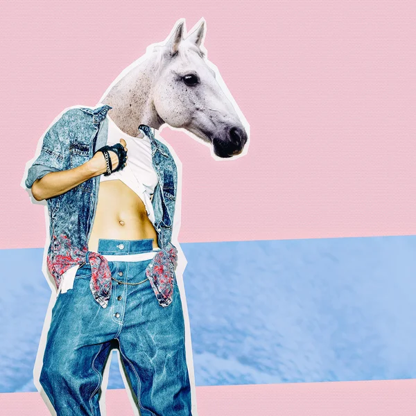 Fashion Collage Magazine. Girl with a horse head in stylish jean — Stock Photo, Image