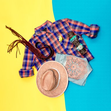 Ülke Stil kümesi. Moda Giyim ve aksesuarları.