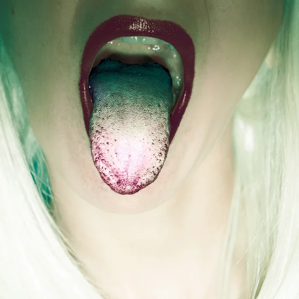 Girl with mouth open. Tongue Swag Fashion