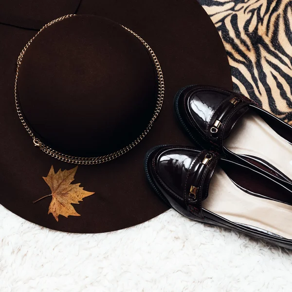 Elegantes accesorios para damas de otoño. Sombrero y zapatos vintage, Tendencia — Foto de Stock