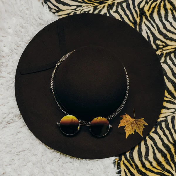 Elegantes accesorios para damas de otoño. Sombrero, gafas de sol. Tendencia de th —  Fotos de Stock