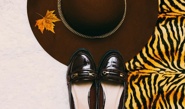 Acessórios de senhoras de outono elegantes. Chapéu, sapatos, Tendência Temporada — Fotografia de Stock