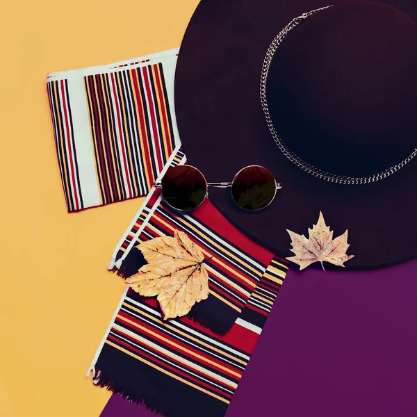 Elegantes accesorios para damas de otoño. Sombrero, Bufanda de gafas de sol. Tendencia — Foto de Stock