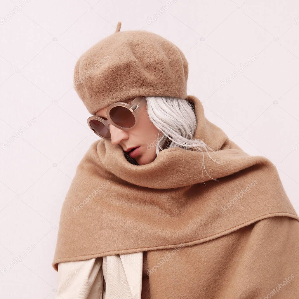 Sensual Paris Lady. Stylish Details of everyday look. Casual beige outfit. Beret and scarf. Trendy sunglasses. Minimalistic style. Total Beige aesthetics. Fashion look book. Warm Fall Winter seasons concept