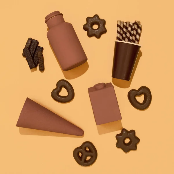 Chocolade Voorwerpen Koekjes Sweets Snoep Liefhebber Concept Minimale Kunst Feestdagen — Stockfoto