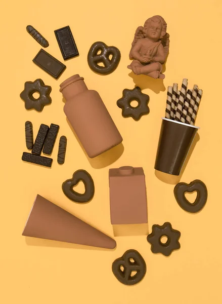 Chocolade Voorwerpen Koekjes Behang Sweets Snoep Liefhebber Concept Minimale Kunst — Stockfoto