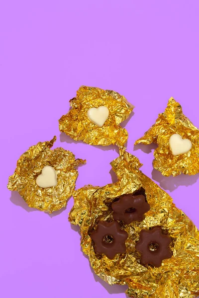 Mínimo Flat Lay Art Cookies Composição Chocolate Doce Amante Presente — Fotografia de Stock