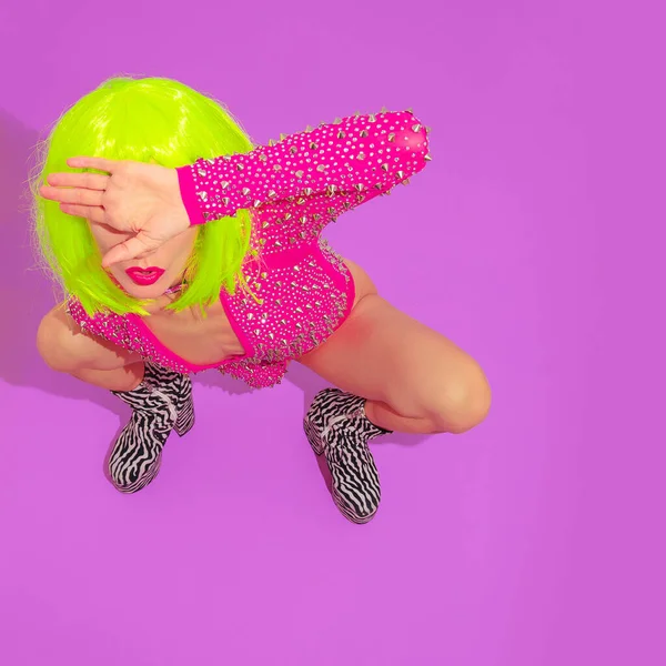 Fashion Girl Wig Pink Body Zebra Heel Boots Club Party — Stock Photo, Image