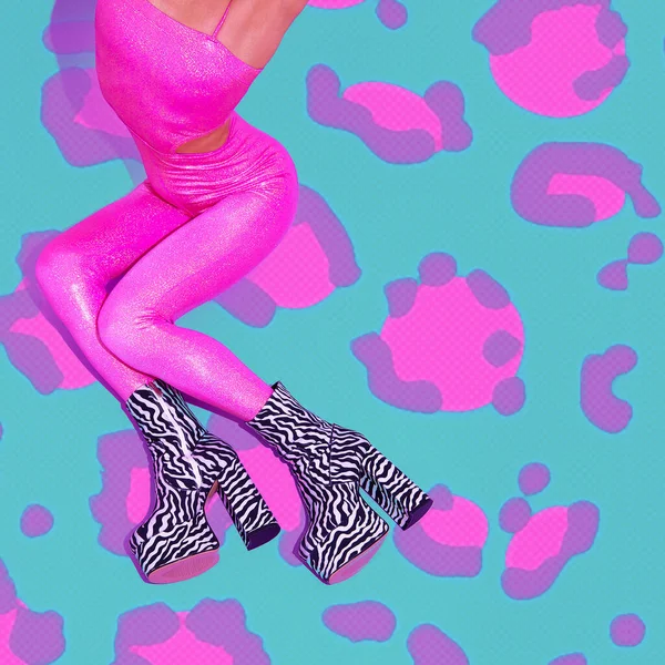 Fashion Girl Pink Overalls Zebra Heel Boots Club Disco Party — Stock Photo, Image