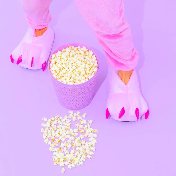 Slippers Pajamas Party Concept Stay Home Popcorn Lover Minimal Home — Stock Photo, Image