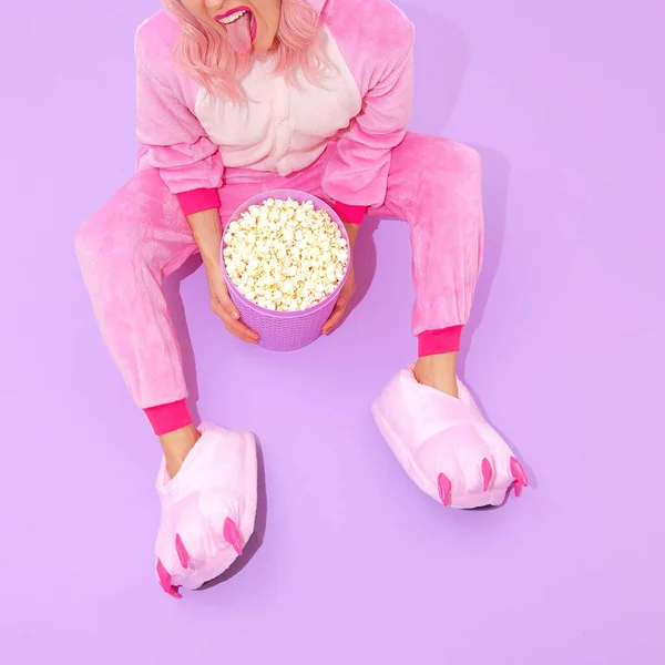 Pajamas Party Girl Concept Stay Home Relax Popcorn Lover Minimal — Stock Photo, Image