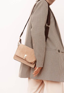 Şık bir Paris hanımı. Günlük bakışın ayrıntıları. Günlük bej renkli damalı ceket ve aksesuar kadife çanta. Moda Minimalist tarzı. Moda güz mevsimi ilkbaharı Bak kitabı.