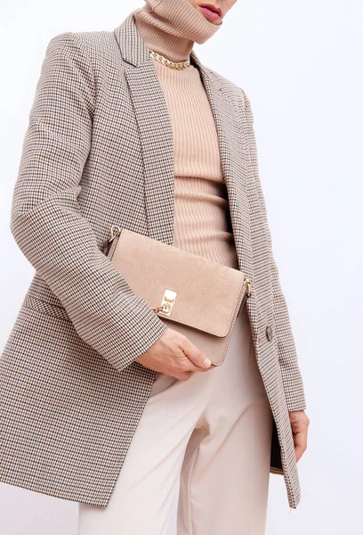 Elegante Modelo París Detalles Aspecto Cotidiano Chaqueta Cuadros Beige Casual — Foto de Stock