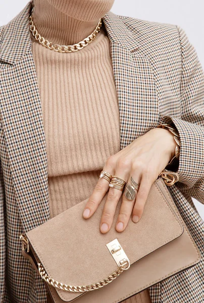Stylish Paris Lady Details Everyday Look Casual Beige Checkered Jacket — Stock Photo, Image