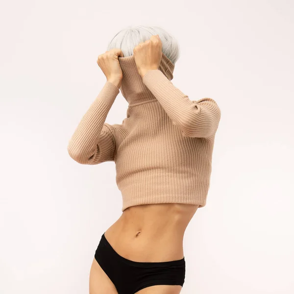 Sensual Girl Cotton Turtleneck Panties Details Everyday Look Casual Home — Stock Photo, Image